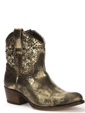 NWOT Frye Deborah Studded Gold Leather Ankle Boot Glamorous Western Booties Sz.7